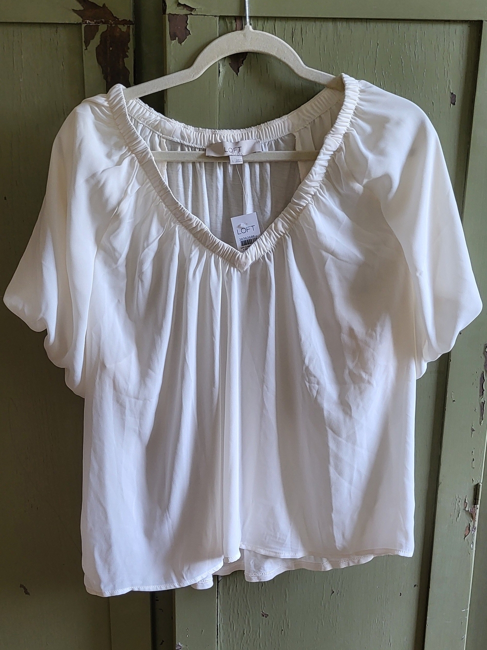 LOFT White Gathered V-Neck Blouse - Women's Top- SZ L